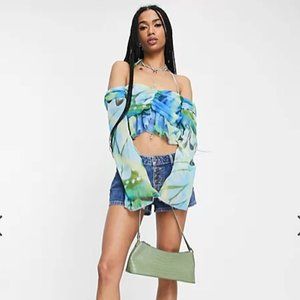 NWOT Bershka bardot frill detail blouse in 90s blue butterfly print